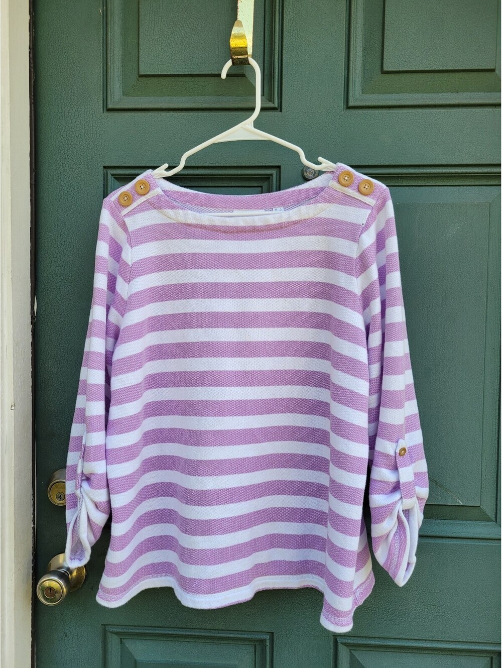 d&Co Active Women's Large Pink White Striped Pullover Top Button Detail